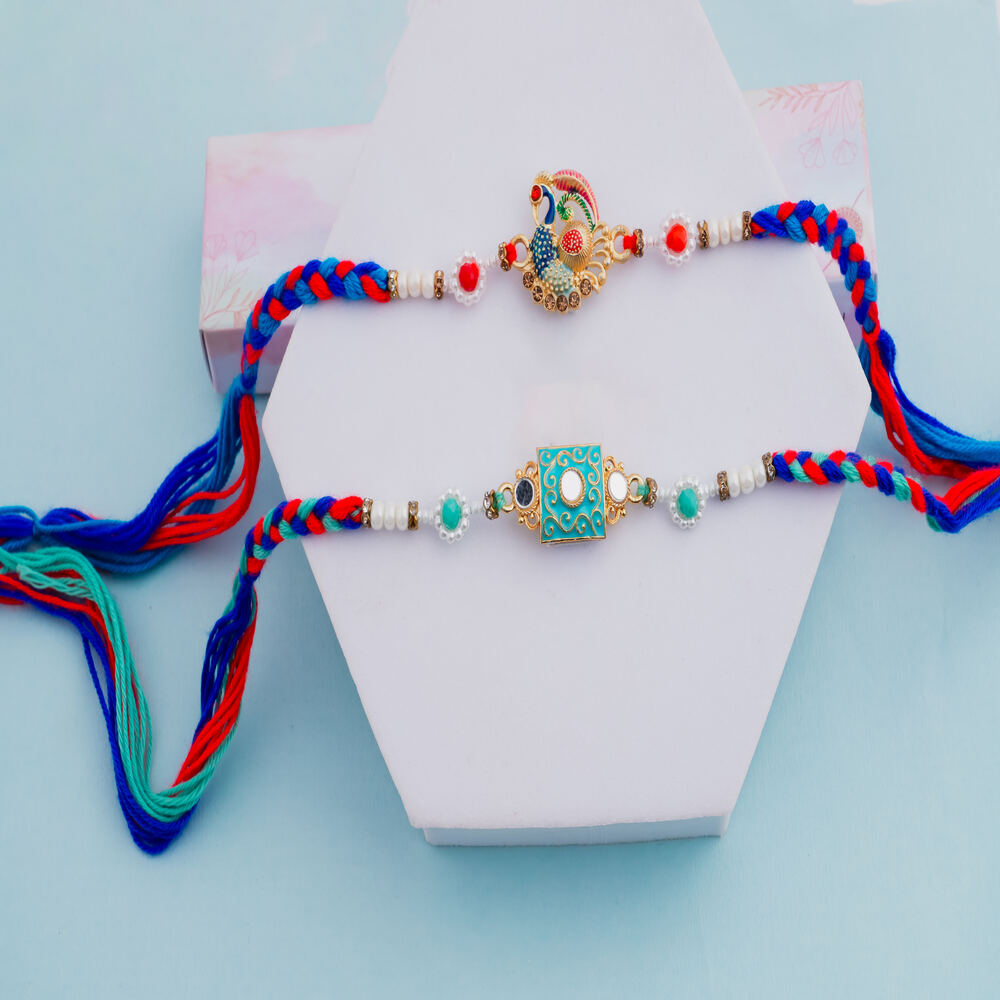 Braided Thread Rakhi Combo - Peacock & Turquoise Square Dial